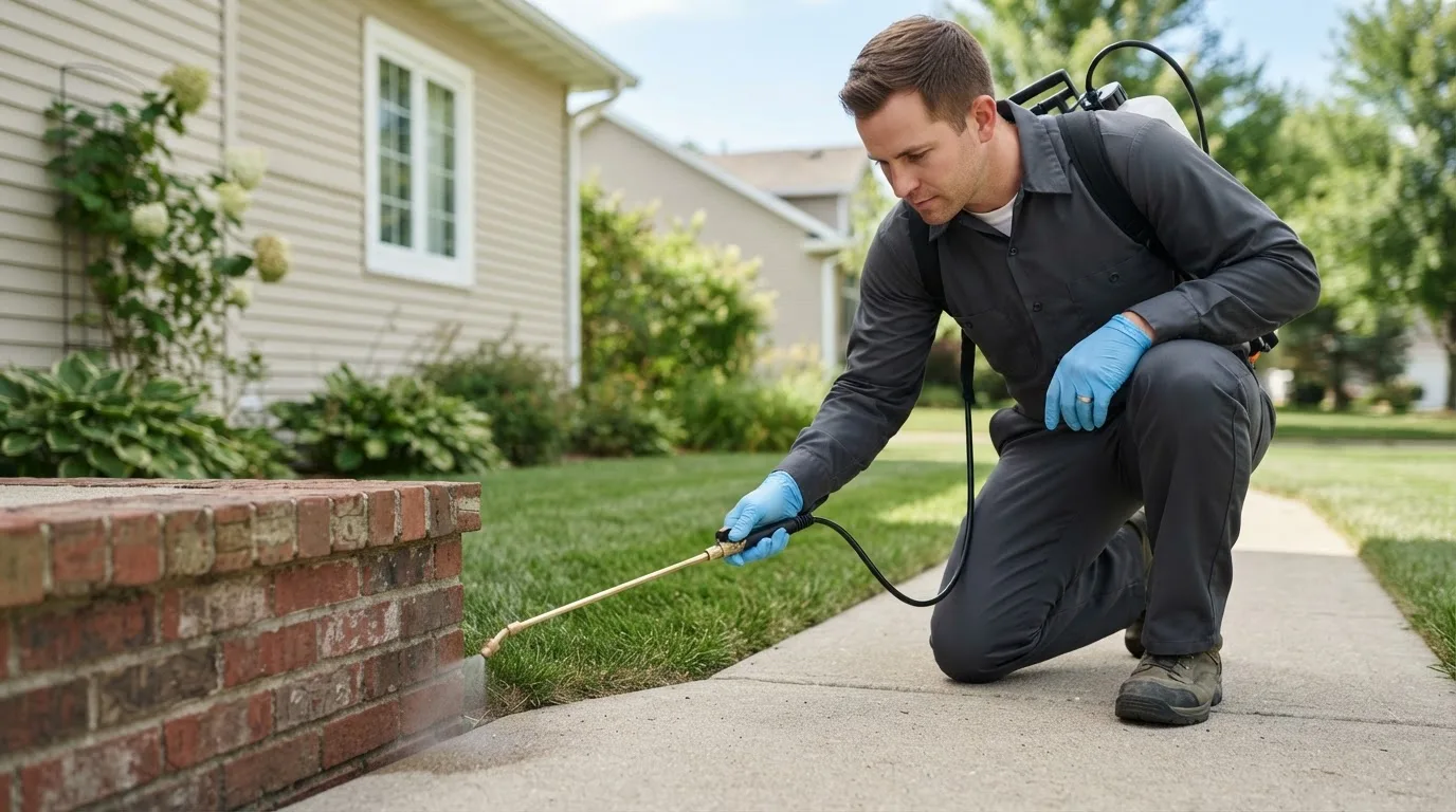 Pest control technician treating a home near University Park, TX